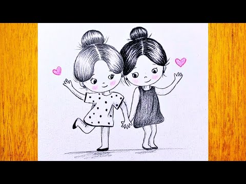 How to draw two cute girlfriends / Very simple and easy to draw two cute girls / Pencil sketch