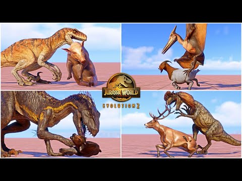 ALL DINOSAURS & FLYING REPTILES VS GOAT, COW, PIG AND DEER IN JURASSIC WORLD EVOLUTION 2
