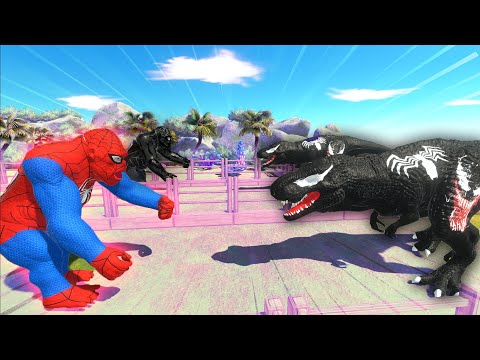 ⚡ SPIDERMAN GORO TEAM vs VENOM T-REX TEAM DEATH RACE - 🦖 Animal Revolt Battle Simulator 🦕