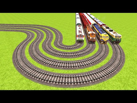 FOUR TRAINS VS FOUR BIGGEST SHARP ROUNDED TURNS RAILROAD CROSSING ▶️ Train Simulator | CrazyRails