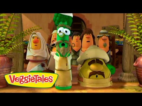 CGI VeggieTales characters gathered in a doorway, with a green mustached figure at the center wearing white robes.