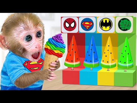 Monkey GoGo Makes Rainbow Ice Cream And Plays With Puppy In The Park - GOGO Monkey Life