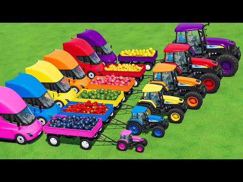 TRANSPORTING New HOLLAND Mini to BIG TRACTORS & FRUITs with FLATBED TRAILER & GARAGE LOADERS!! FS22