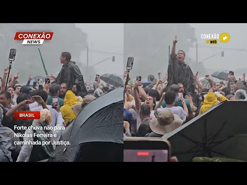 Vídeo: Forte chuva não para Nikolas Ferreira e caminhada por Justiça.