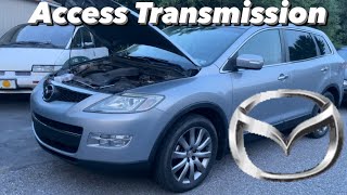 Mazda CX-9 access transmission fluid SO EASY diy NO DISASSEMBLY REQUIRED dip stick pour trick