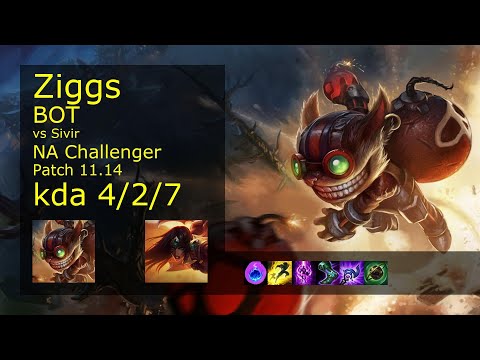 Ziggs Bot & Thresh vs Sivir & Karma - NA Challenger 4/2/7 Patch 11.14 Gameplay