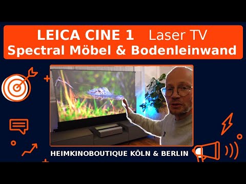 Leica Cine 1 und Spectral Laser TV Sideboard Möbel. Elegante Lösung für Heimkino im Wohnzimmer.