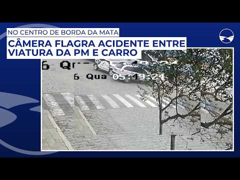 Câmera flagra acidente entre viatura da PM e carro no centro de Borda da Mata