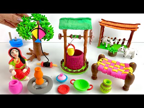 How to make air dry clay miniature village doll, tree, water well, charpai | DIY clay tutorial