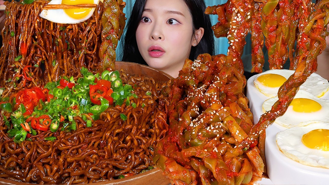 ASMR MUKBANG | 도전 매운궁채김치 🔥 고추짜파게티 먹방! Spicy Chili Black Bean Noodles 🌶️ Homemade Lettuce Stem Kimchi