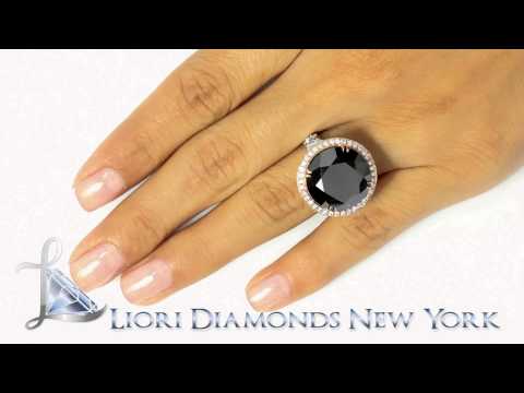 BDR-211 - 17.41 Ct Certified Black Diamond Engagement Ring Pave Halo 18k Rose & White Gold