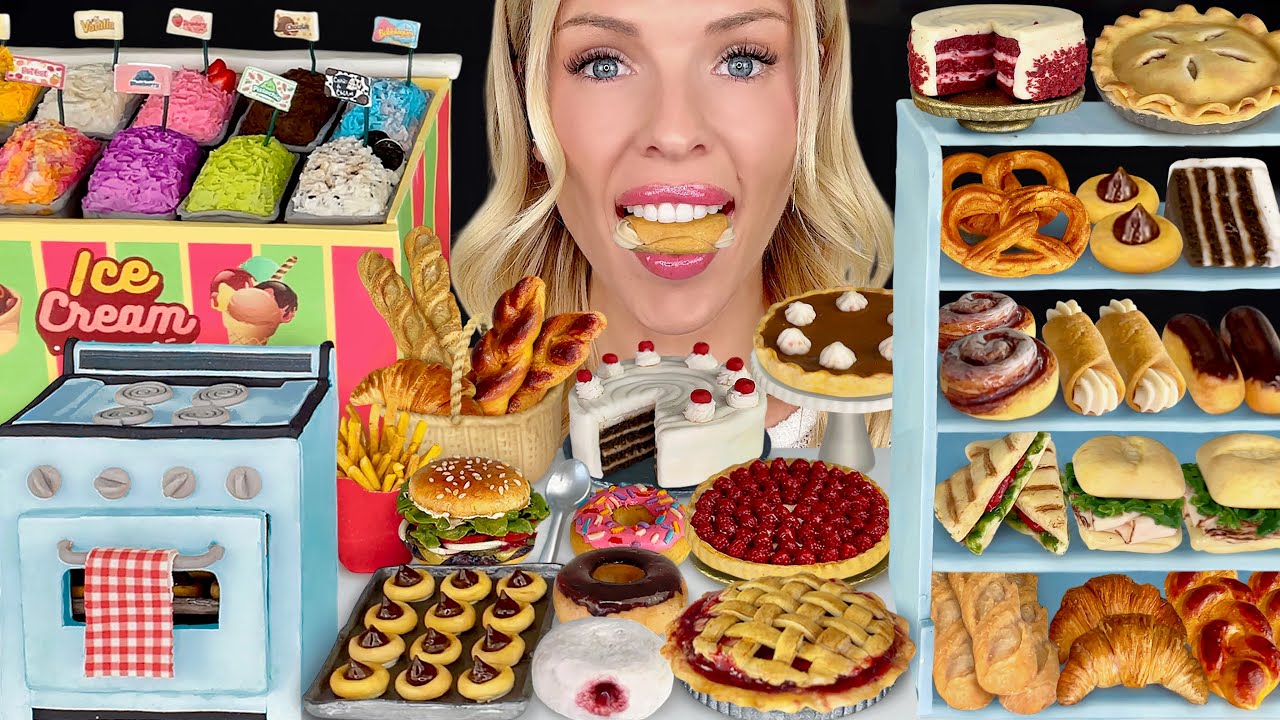 ASMR MUKBANG, Miniature Food, Mini Bakery, Pastries, Ice Cream Parlour, Cherry Pie, Mini Oven 먹방