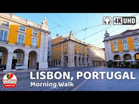Passeio matinal a pé por Lisboa, Portugal - 4K - Legendado
