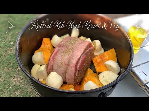 Camp Oven rolled rib beef roast and vegetables