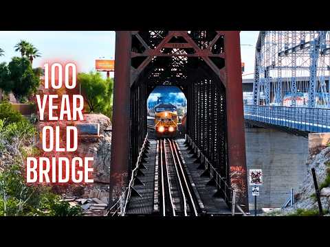 FAST 70MPH FREIGHT at 190 Feet below Sea Level - TRAINS Over 103 YEAR OLD BRIDGE