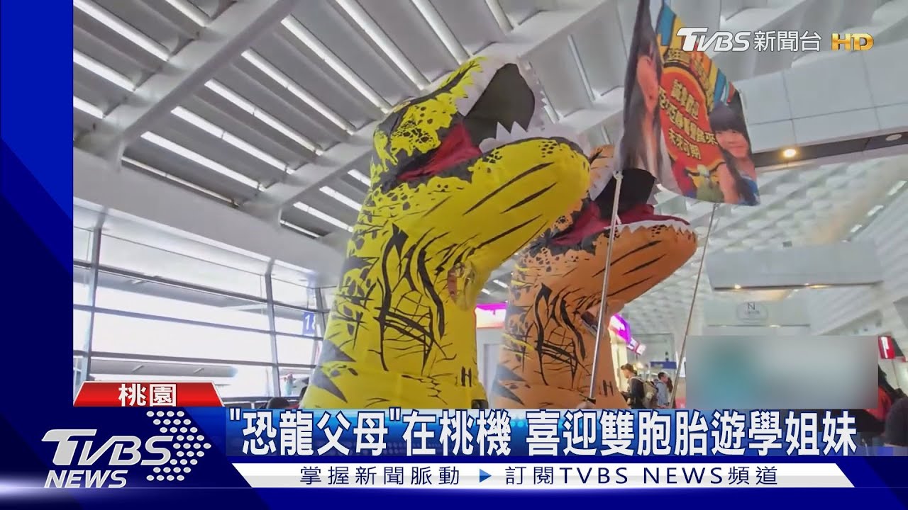 暴龍裝扮現身桃園機場！社恐爸爸為雙胞胎女兒接機　勇闖舒適圈