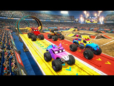 Monster Jam: Monster Trucks Race on Big Track & Spiral Ramp | High-Speed Jumps & Crashes