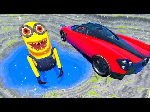Cars Jump Into Giant Abyss with Minion - BeamNG.Drive