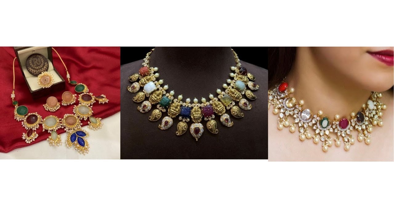 latest gold navaratna necklace sets designs