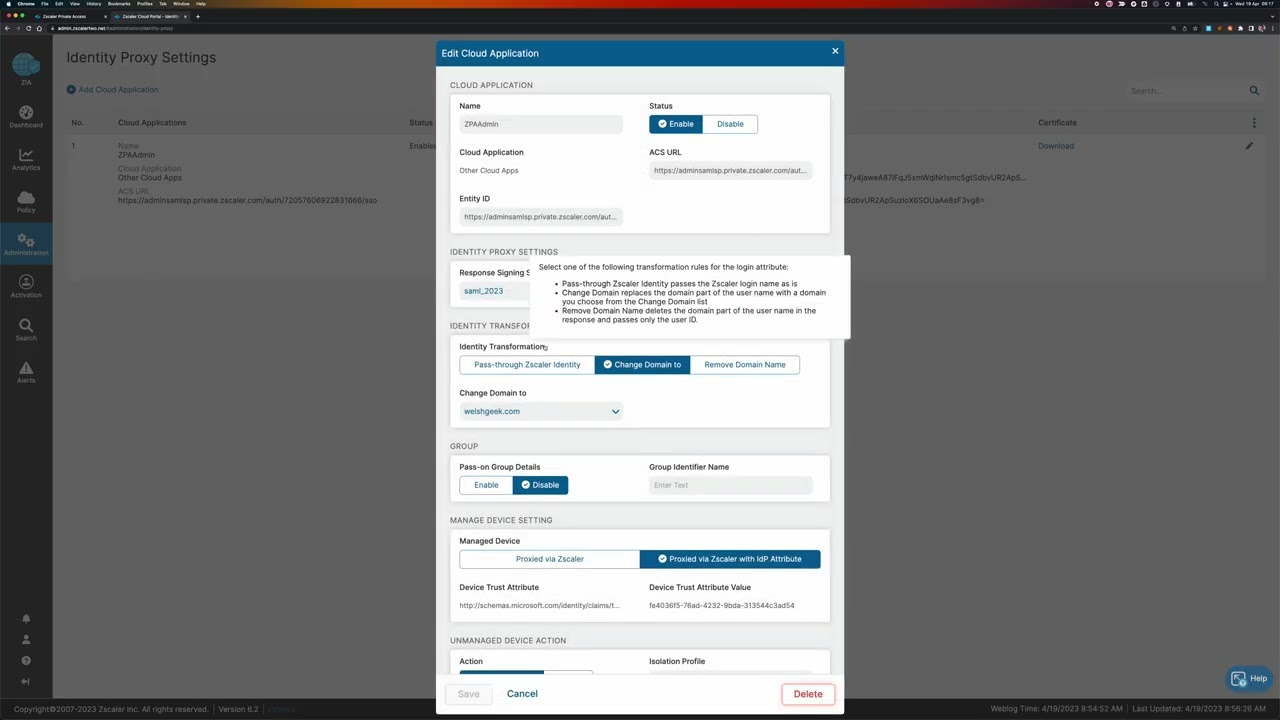 ZIA Identity Proxy to Azure with ZPA Admin Interface