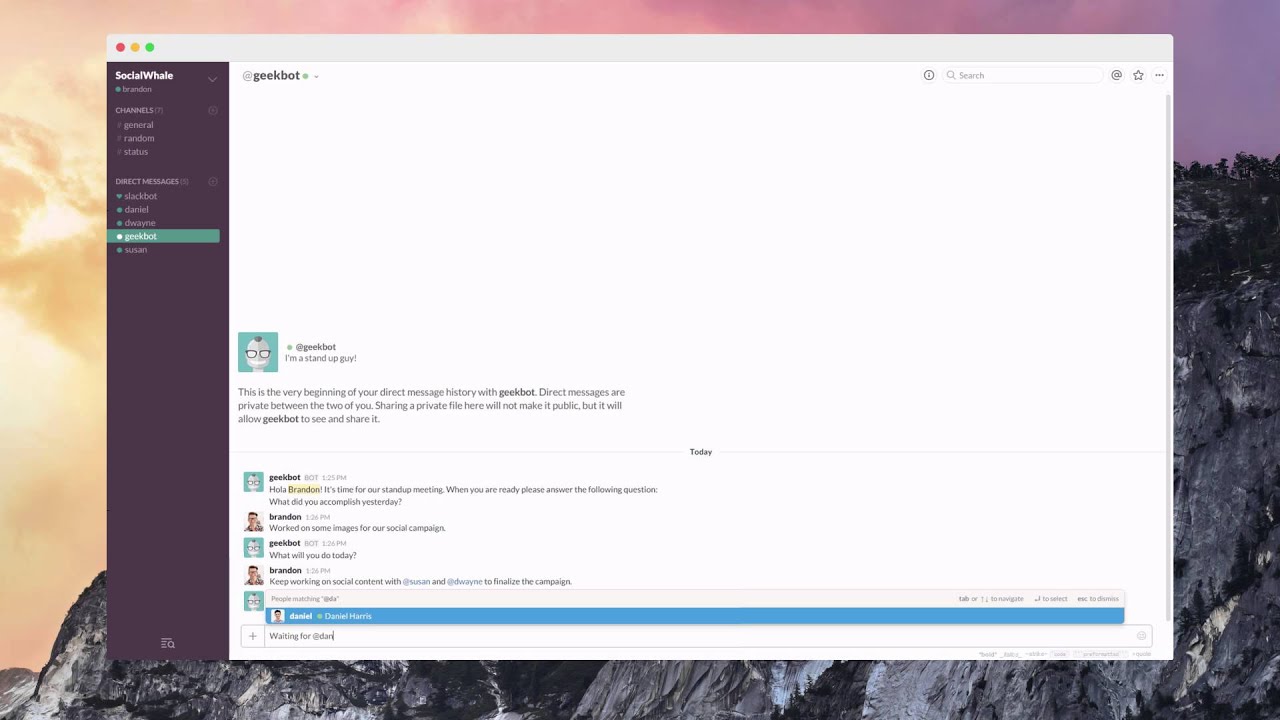 First look of Geekbot for asynchronous stand up meetings