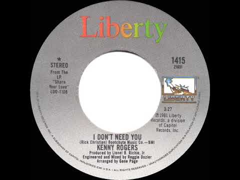 1981 HITS ARCHIVE: I Don’t Need You - Kenny Rogers (stereo 45--#1 C&W and A/C)