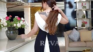 فستان كلاسيكي سهرة شيفون بذيل وشال منسدل من الخلف