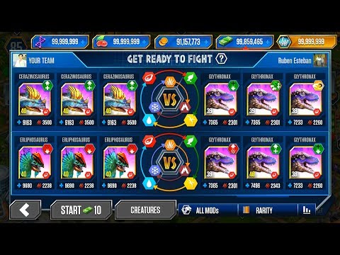 CERAZINOSAURUS vs ERLIPHOSAURUS | PVP BATTLE SUPER MODs 999+ - JURASSIC WORLD THE GAME