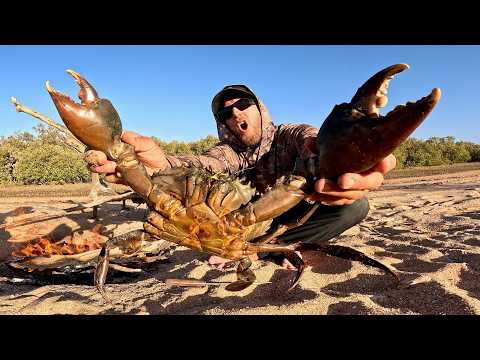 GIANT CRAB - Catch and Cook - BOW n ARROW. Cooking on a camp fire