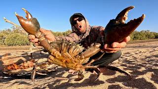 GIANT CRAB - Catch and Cook - BOW n ARROW. Cooking on a camp fire