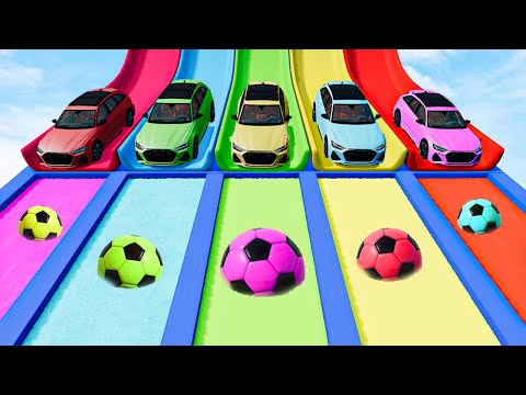 Flatbed Trailer Transport Cars Rescue - Cars vs Portal Trap with Slide Color - Cars vs Speed Bumps