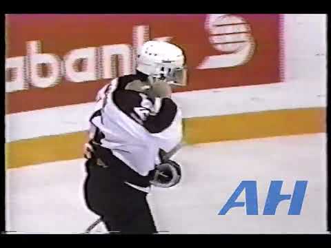 OHL WHL QMJHL Memorial Cup May 20, 1993 Doug Searle,PET v Ralph Intranuovo,SSM (hit) Peterborough Pe