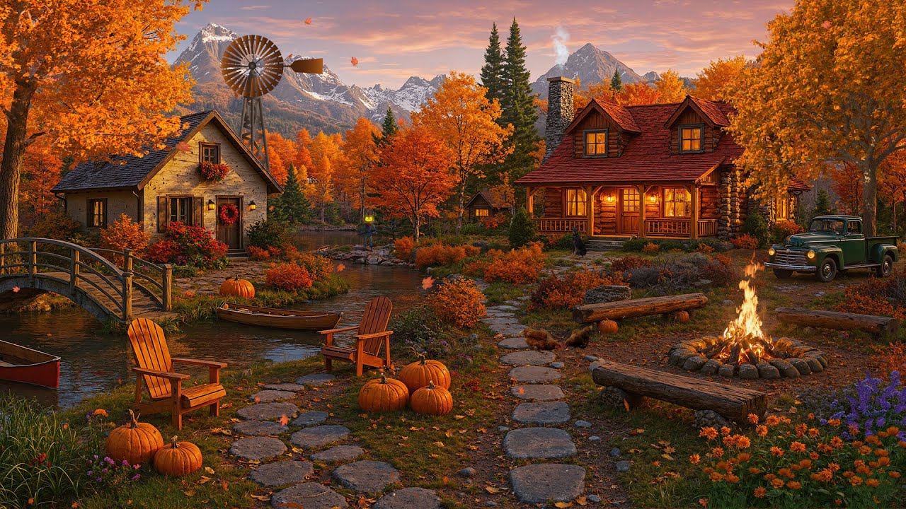 Cozy Log Cabin in Autumn Woods with Bonfire, Pumpkins & Golden Leaves 🍁 Mountain Cabin Ambience