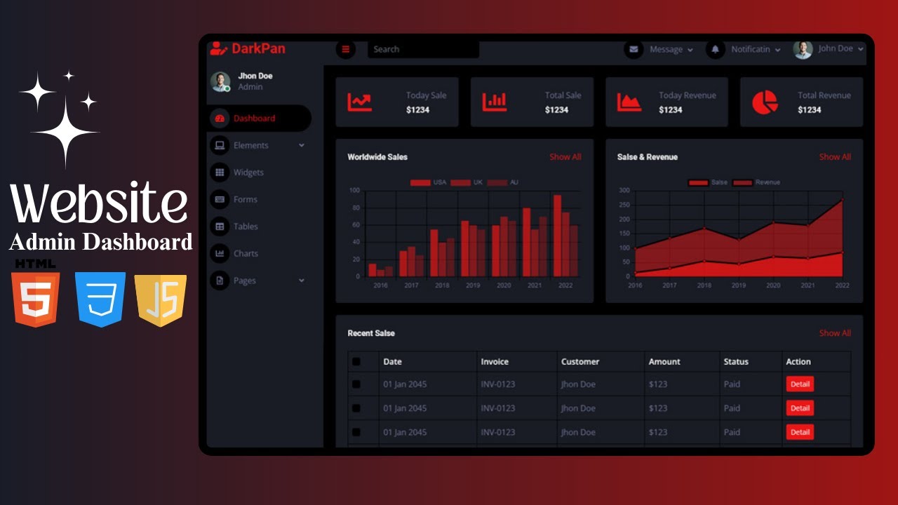 Admin Dashboard Website Design: HTML, CSS & JS (Free Source Code)