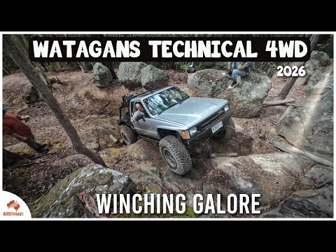 Hilux YN67 on slippery tracks and steps at Watagans, Sherpa winch in use