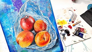 Drawing Oils on Collage: Nectarine Mixed Media Timelapse