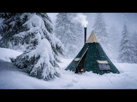 Hot Tent Winter Camping in Extreme Cold and Heavy Snow