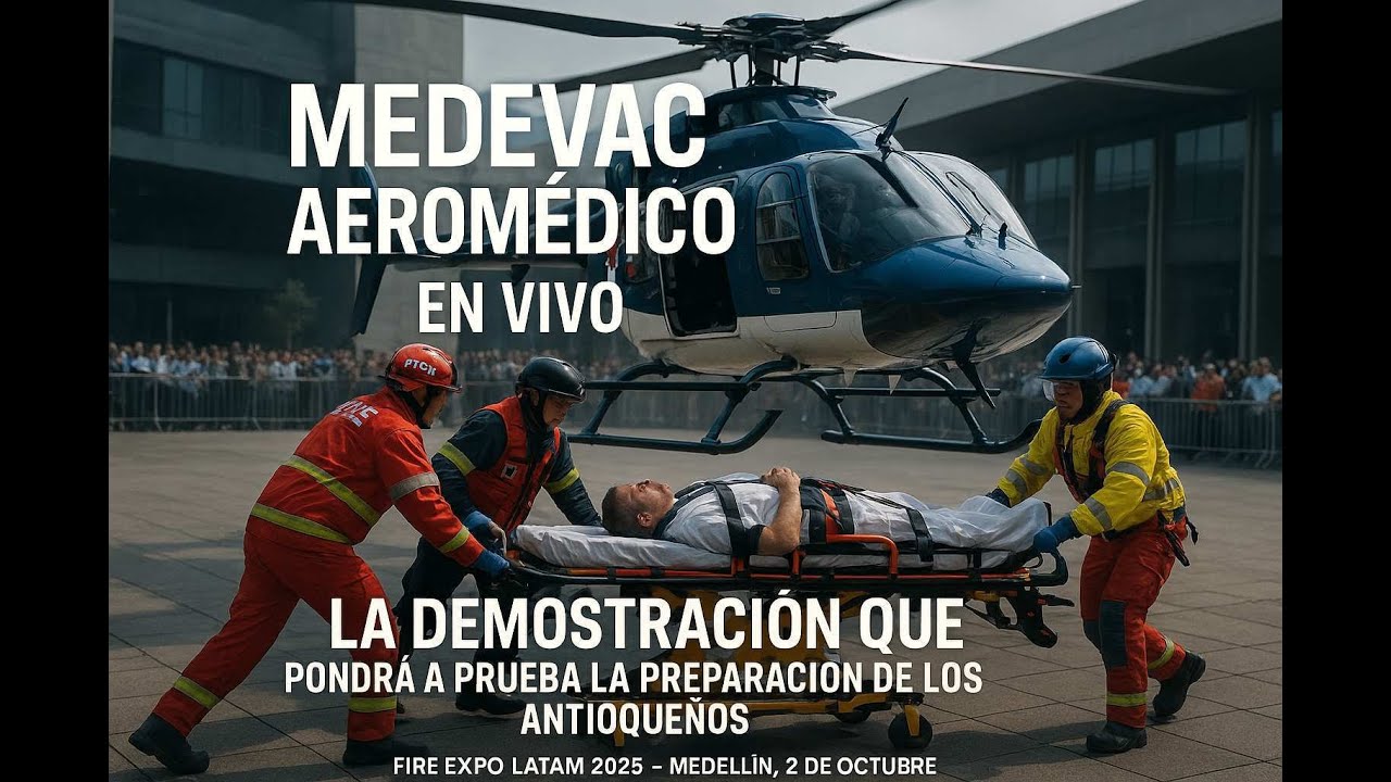 Un helicóptero aterriza en Fire Expo Latam 2025 Simulacro de Evacuación Médica Helicoportada