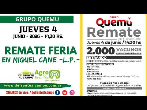en VIVO - 14,30 hs. - REMATE del GRUPO QUEMU - JUEVES 4 / JUNIO / 2026 - MIGUEL CANÉ -L.P.-