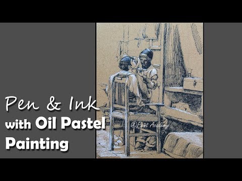 Pen Ink with Oil Pastel mixed media Painting | Drawing Saloon