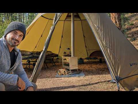 Solo Hot Tent Camping with My Dog . Wood Stove ASMR