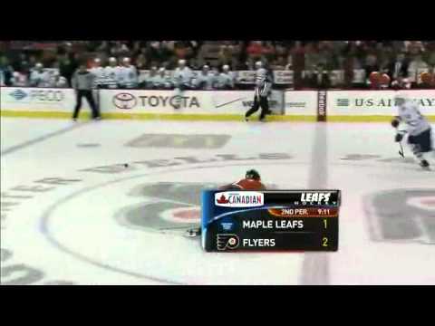 2011 03 03 Leafs @ Flyers   Meszaros drives Gunnarsson to the ice