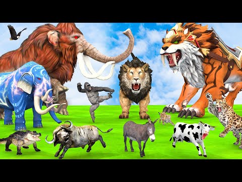 5 Giant Mammoth Elephant Cow Vs Giant Sabretooth Tiger Vs 5 Giant Lion Tiger Donkey Saved By Mammoth