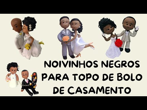 Topos de bolo de casamento noivinhos negros em biscuit