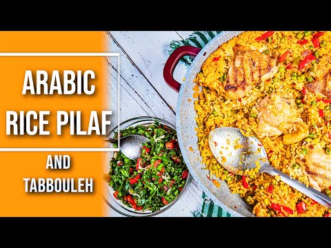 Arabic rice pilaf with chicken and tabbouleh salad. Chicken pilav recipe and parsley mint salad