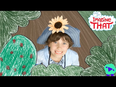 Child wearing a blue hat with a sunflower, smiling, framed by drawn greenery; logo reads 'Imagine That!' in the corner, colorful and playful.