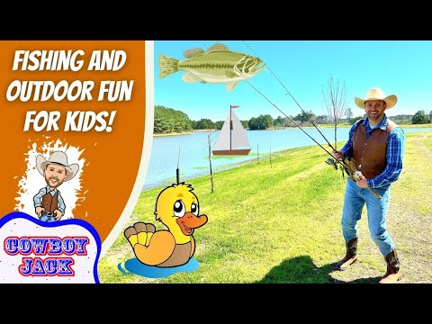 Cowboy-themed fishing thumbnail: man with fishing rods by a lake, cartoon duck, and the text 'FISHING AND OUTDOOR FUN FOR KIDS!'