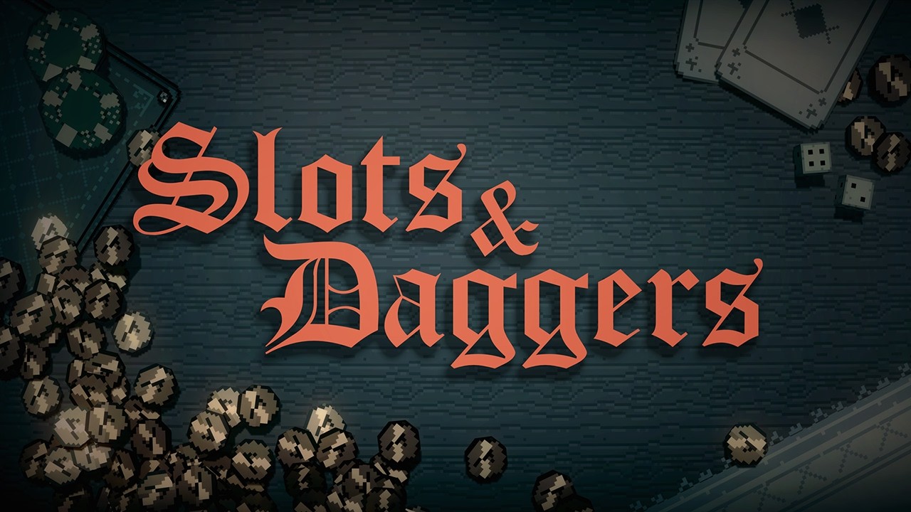 Promotional still showing retro slot machine combat in a dark fantasy setting