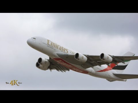 Airbus A388 quad jet wide body aircraft takeoff and close flyby from...