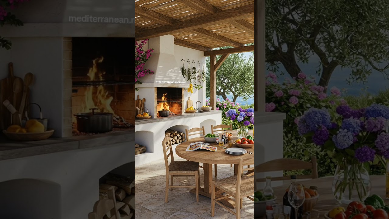 🔥🔥🔥🌊🌊🌊🌺🌺🌺 Rustic Outdoor Kitchen by the Sea | Mediterranean Style Tranquil Dining Scene